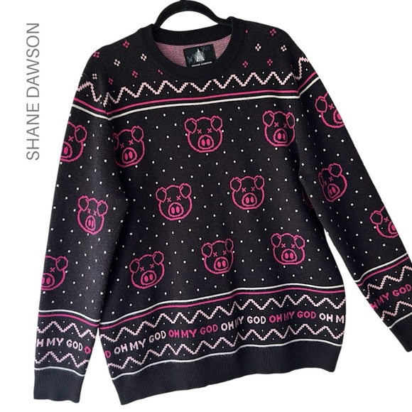 SHANE DAWSON | NWOT COTTON HOLIDAY PIG SWEATER BLACK & NEON PINK | 2XL - Picture 1 of 13